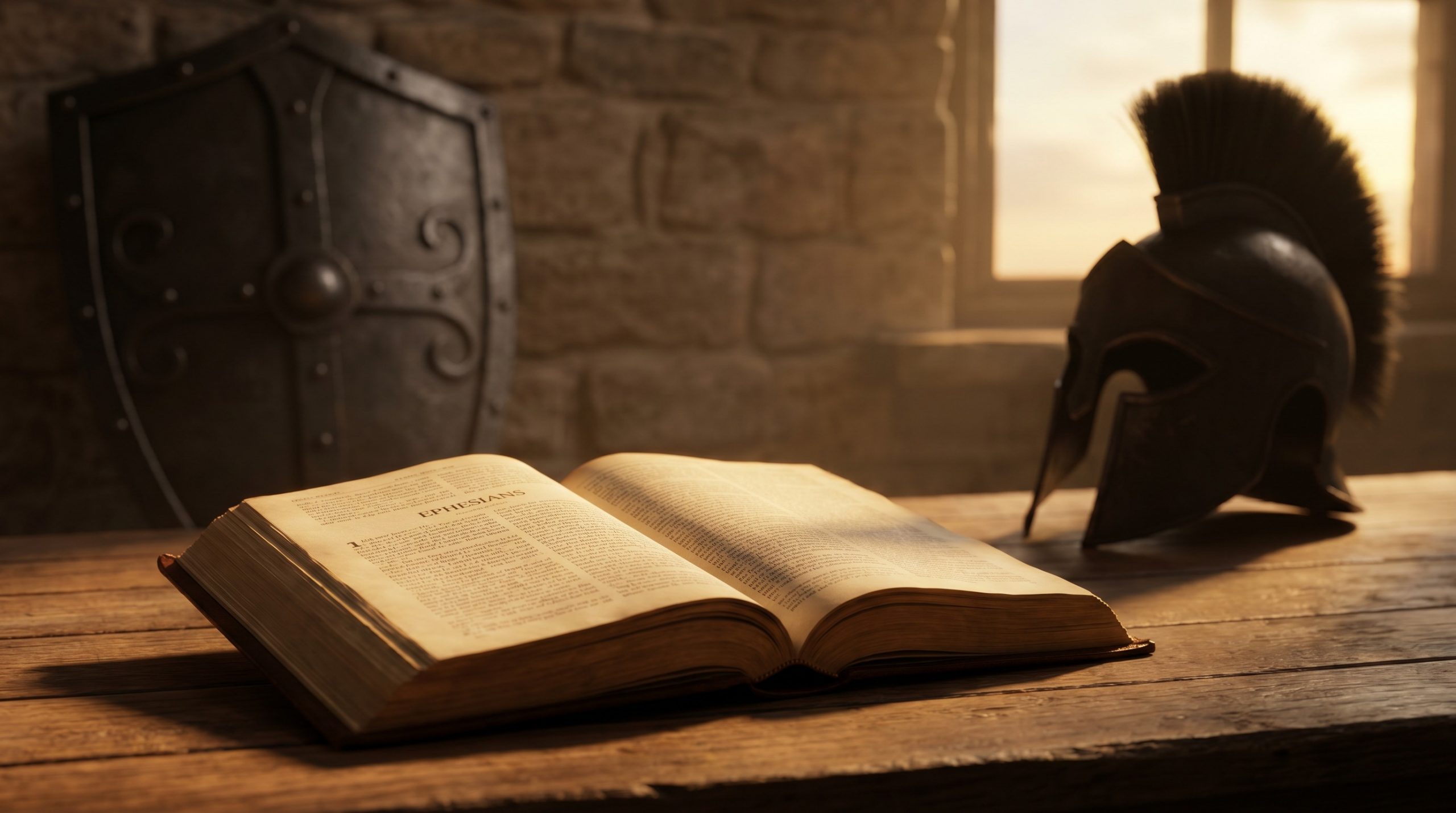 Open Bible with subtle shield imagery representing the armor of God.