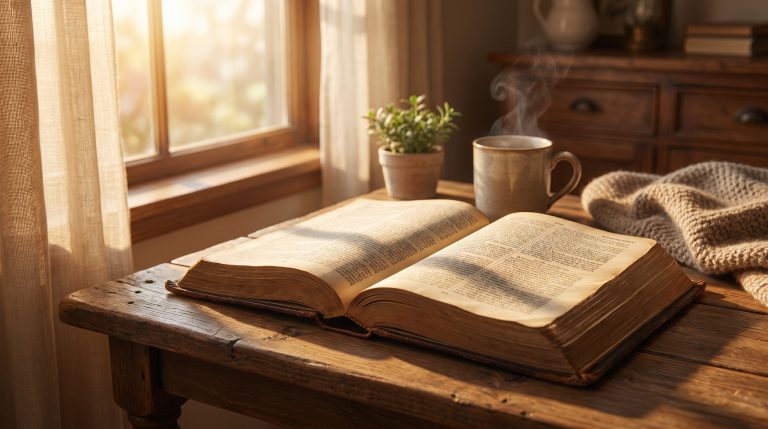 Open Bible in warm window light representing God’s Word as a lamp and light.