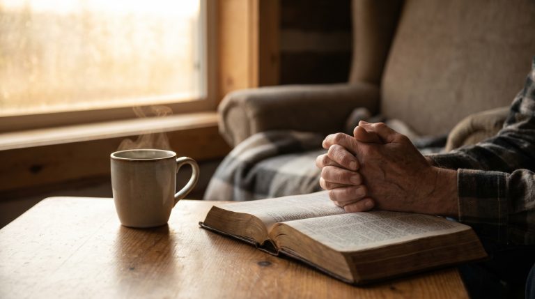 Hands near an open Bible showing a quiet moment of prayer.