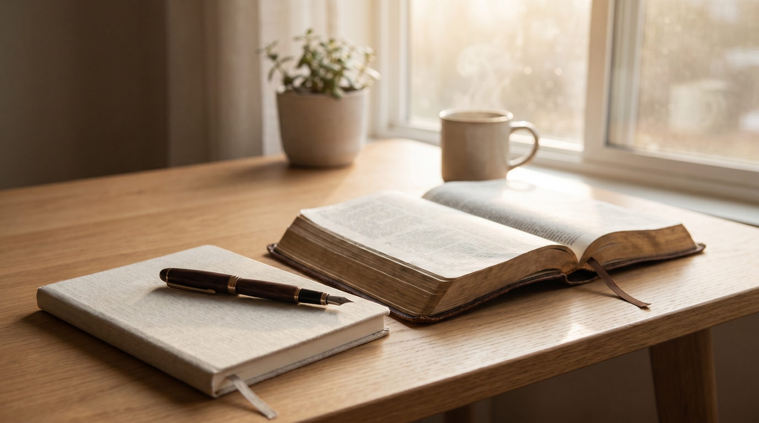Bible, notebook, and pen prepared for a simple Bible reading routine.