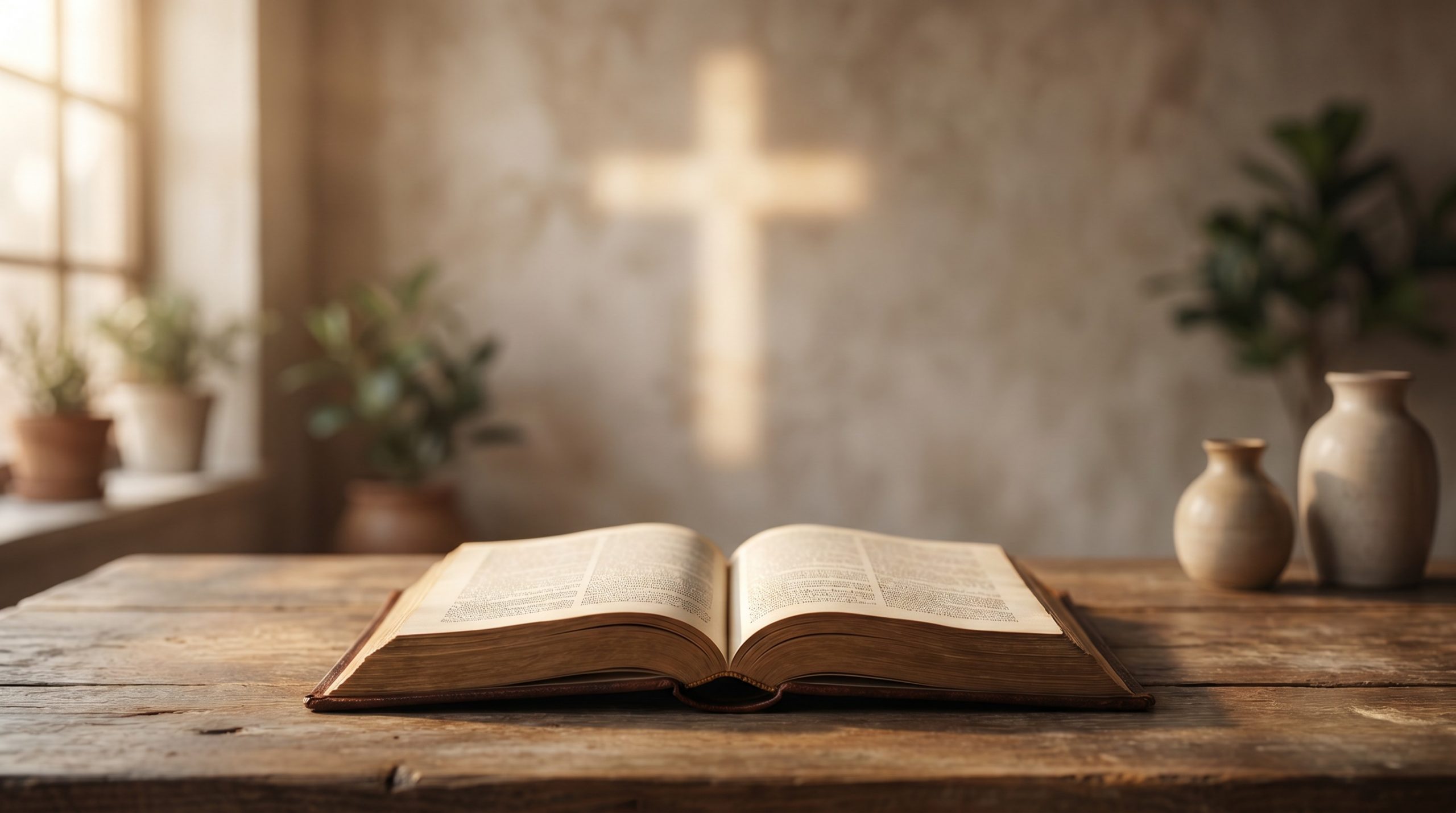 Open Bible with warm cross-shaped light representing Jesus at the center of faith.