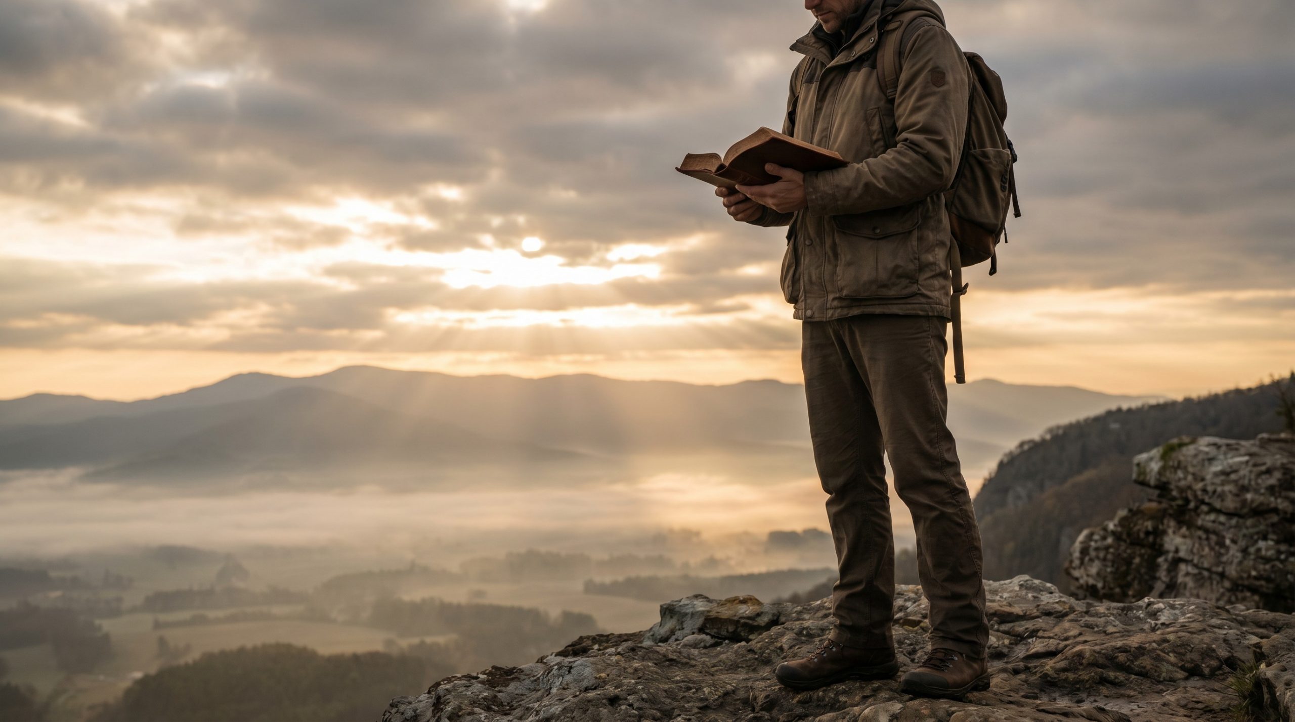 Person standing on rock at sunrise with a Bible symbolizing standing firm in faith.