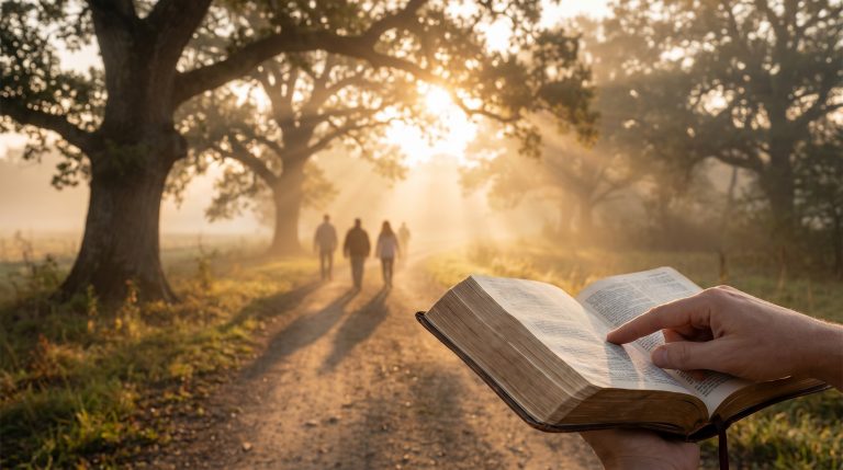 Open Bible held near a sunlit path symbolizing walking by faith.