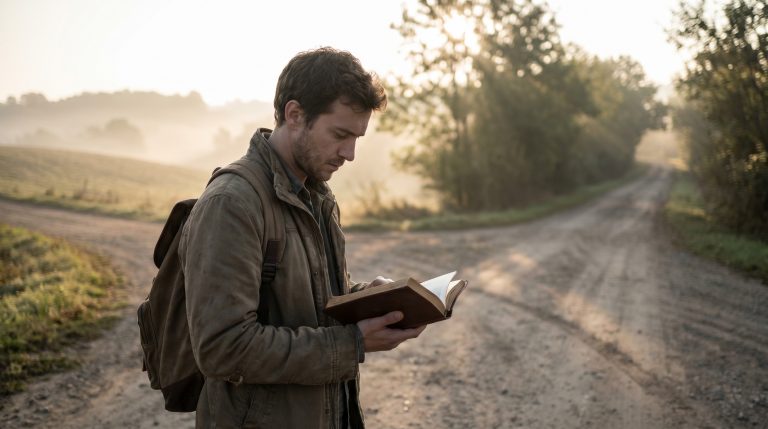 Person holding a Bible at a path representing trusting God’s direction.