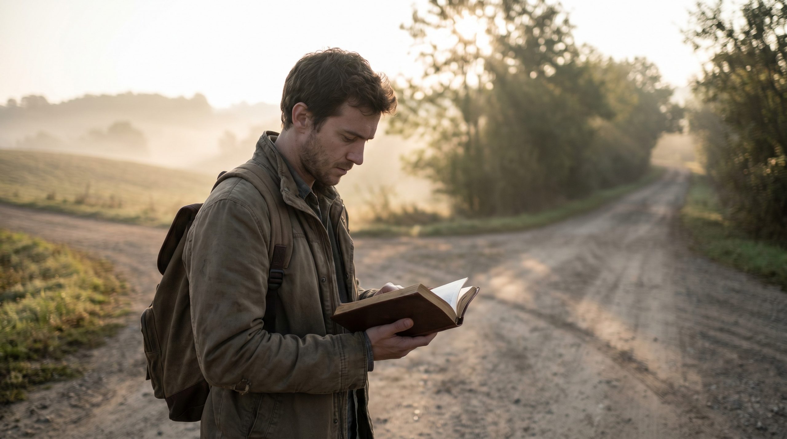 Person holding a Bible at a path representing trusting God’s direction.