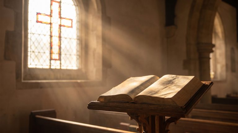 Sunlight over an open Bible representing the grace of God.