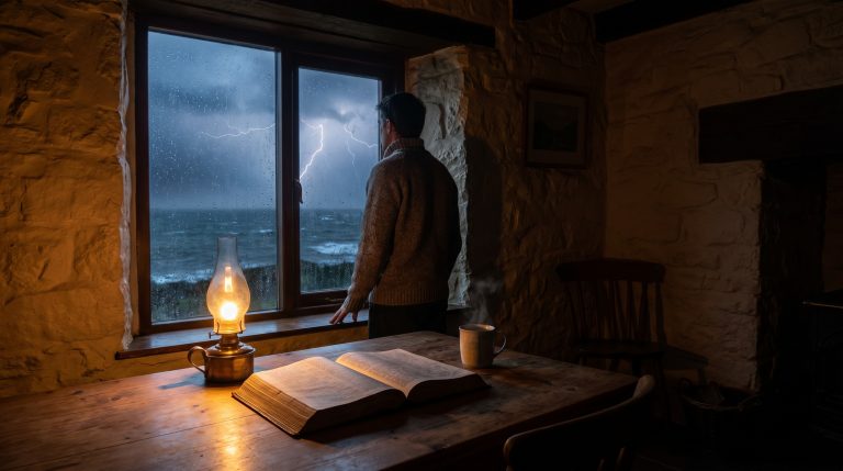 Open Bible beside a rainy window symbolizing God’s presence in fear.