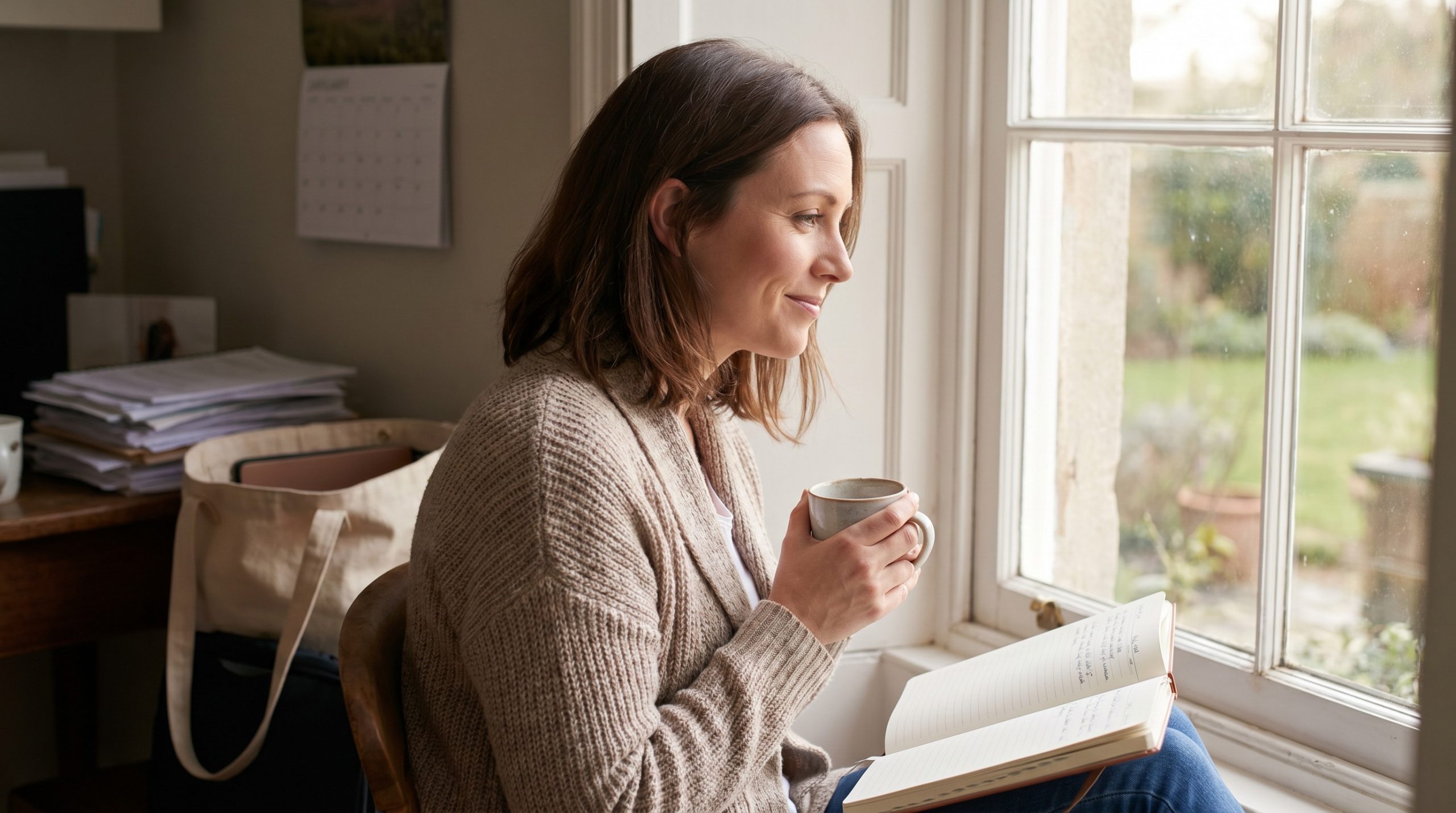 A woman resting quietly by a window with a peaceful expression during a busy season of life.