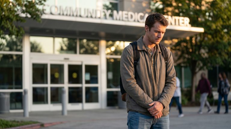 A young man standing outside an important doorway, praying quietly for courage before stepping forward.