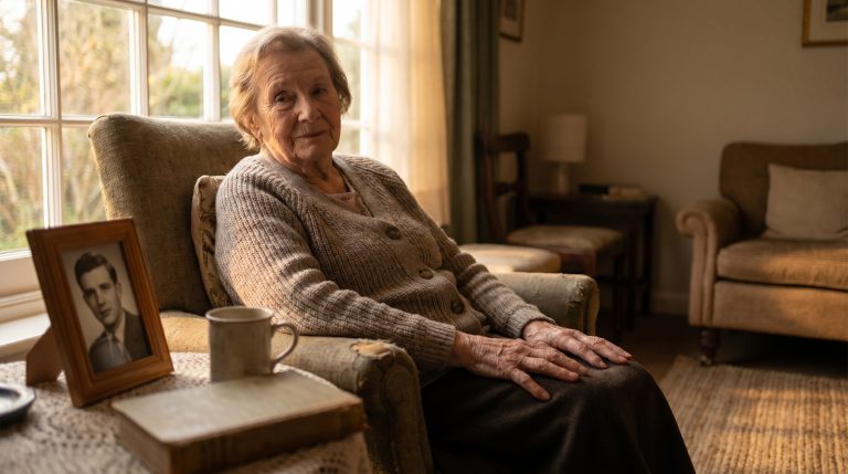 An older woman sitting quietly by a window with a framed photo nearby, grieving with gentle hope.