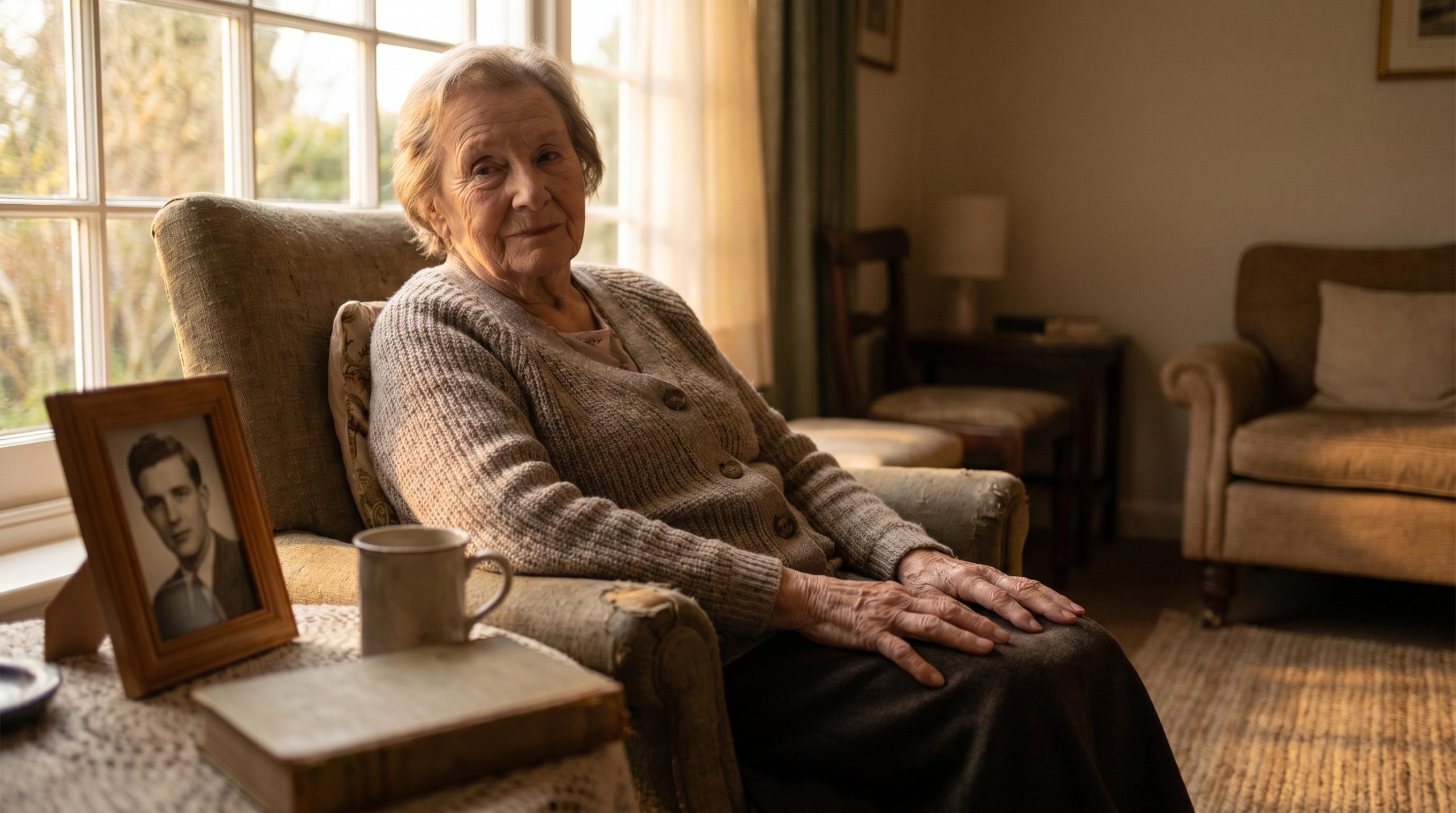 An older woman sitting quietly by a window with a framed photo nearby, grieving with gentle hope.