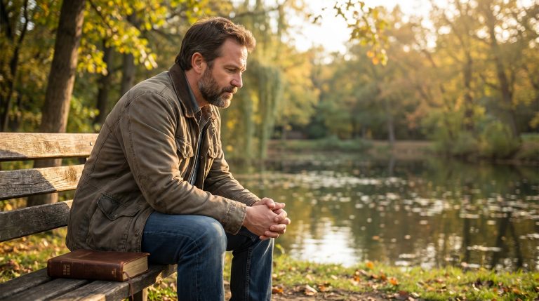 A man sitting alone in quiet reflection, processing forgiveness with grace and humility.