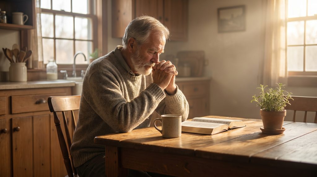 An older man sitting peacefully at a table in morning light, praying with gratitude for God’s faithfulness.