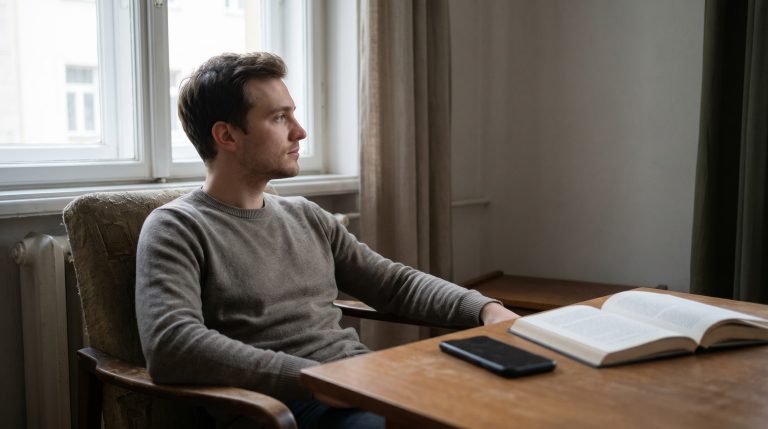 A man sitting quietly away from his phone, choosing reflection and peace in a distracted modern world.