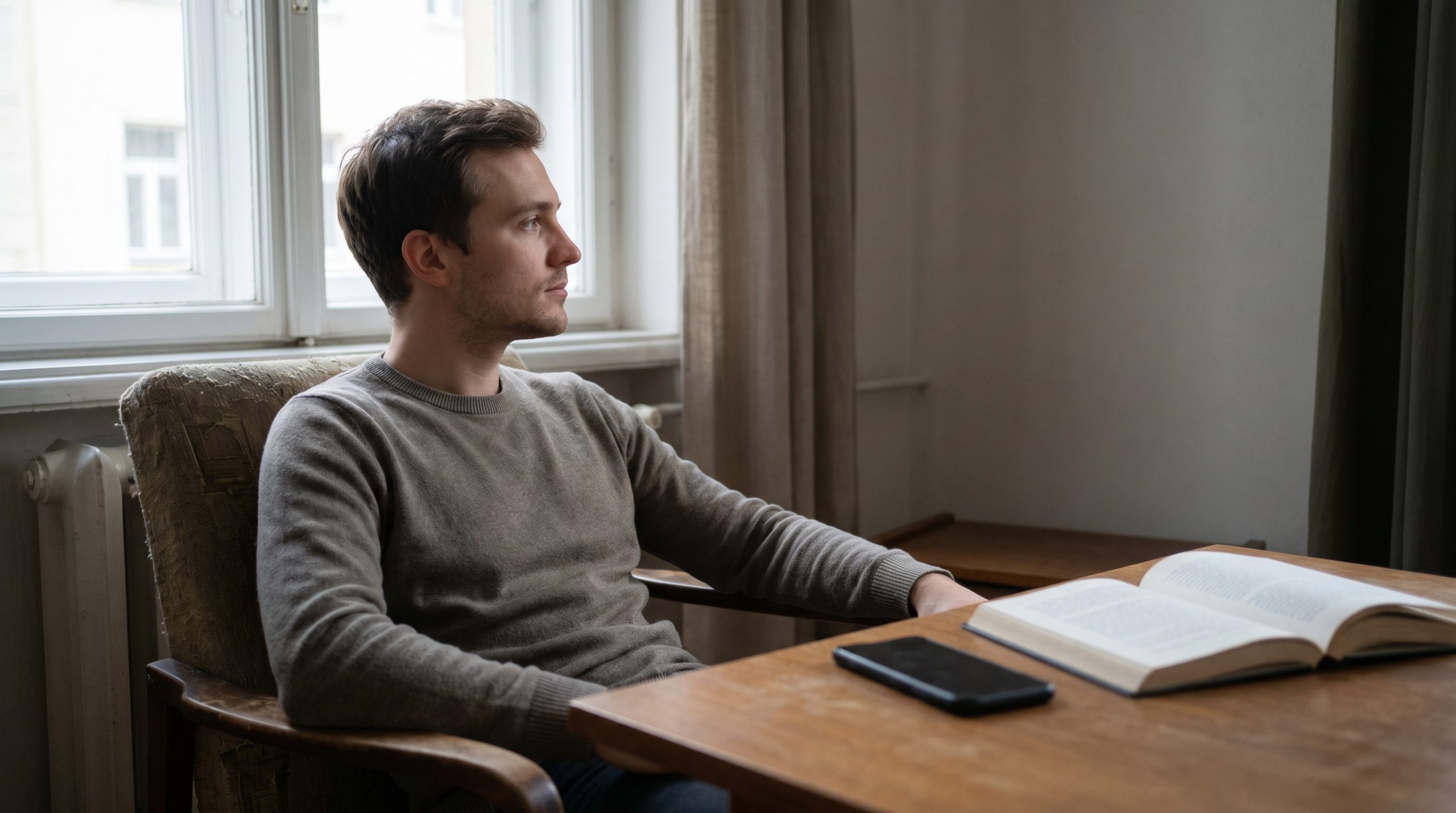 A man sitting quietly away from his phone, choosing reflection and peace in a distracted modern world.