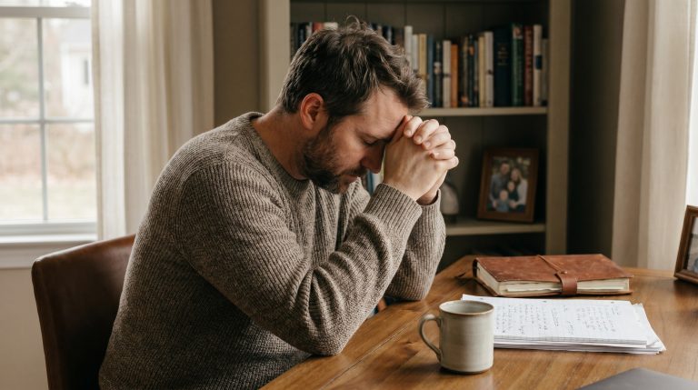A man sitting at a desk with a notebook open, praying for guidance about a hard decision.