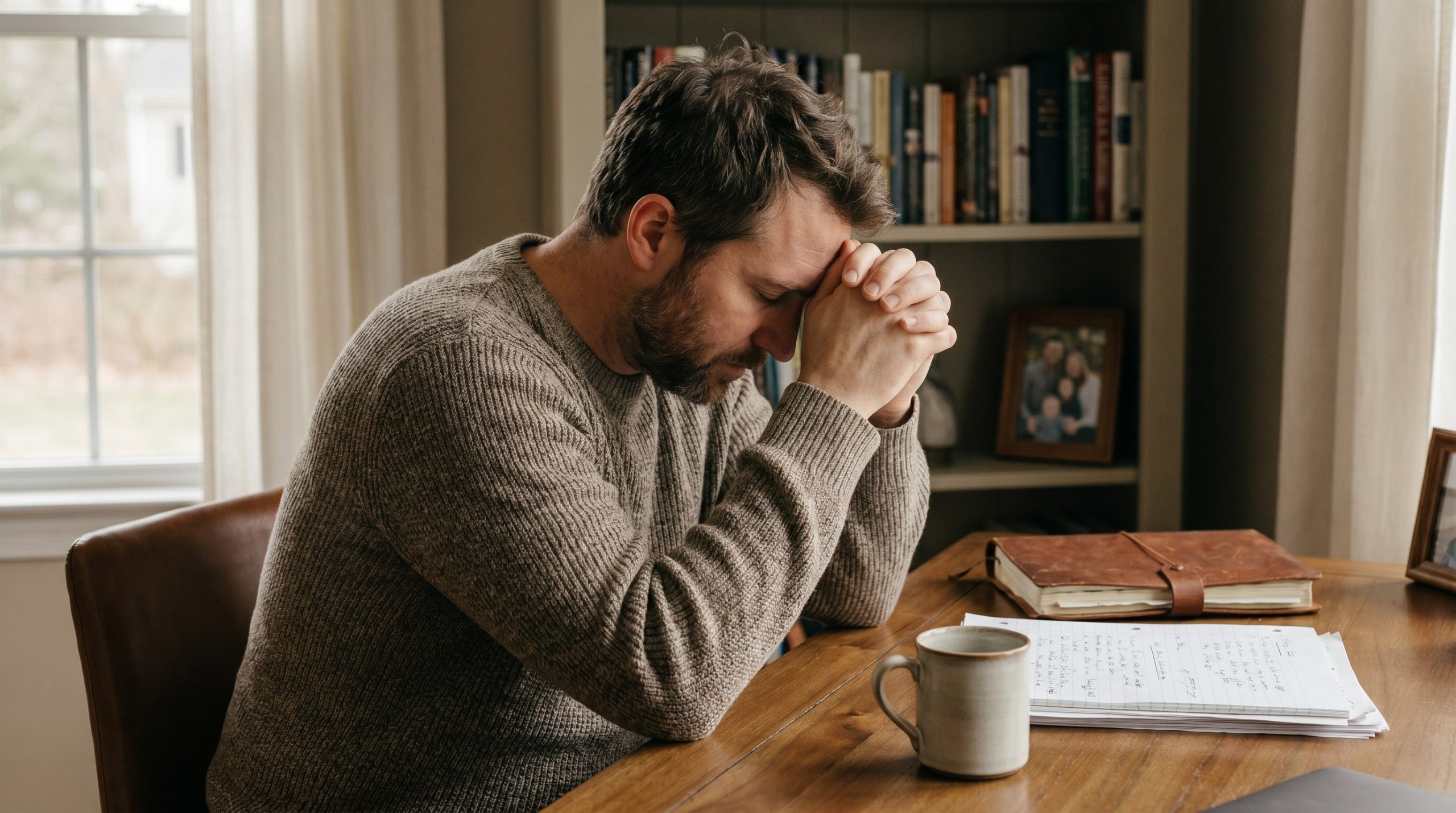 A man sitting at a desk with a notebook open, praying for guidance about a hard decision.