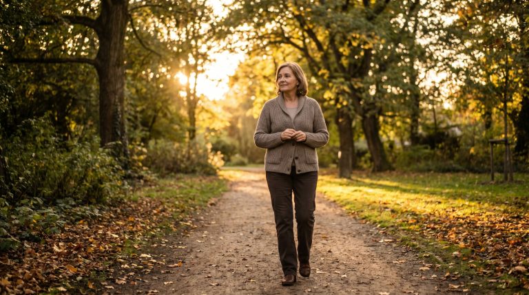 A woman walking alone through a quiet park in soft light, praying for healing for a heavy heart.