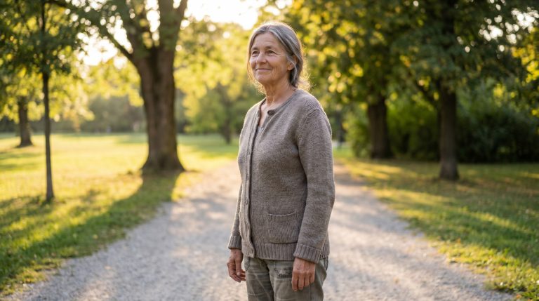 An older woman standing outdoors in soft evening light, looking thoughtful yet hopeful after a discouraging season.