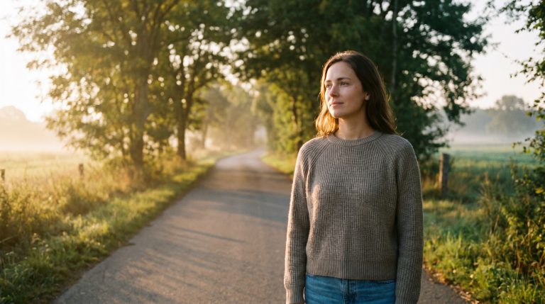 A young woman standing near a quiet road at sunrise, reflecting with hope while facing an uncertain path ahead.