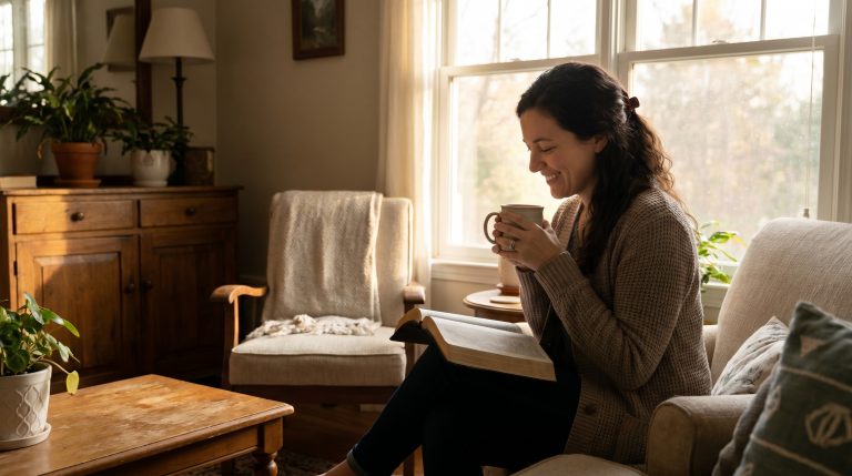 A woman sitting peacefully in a simple home setting, reflecting with contentment and gratitude.