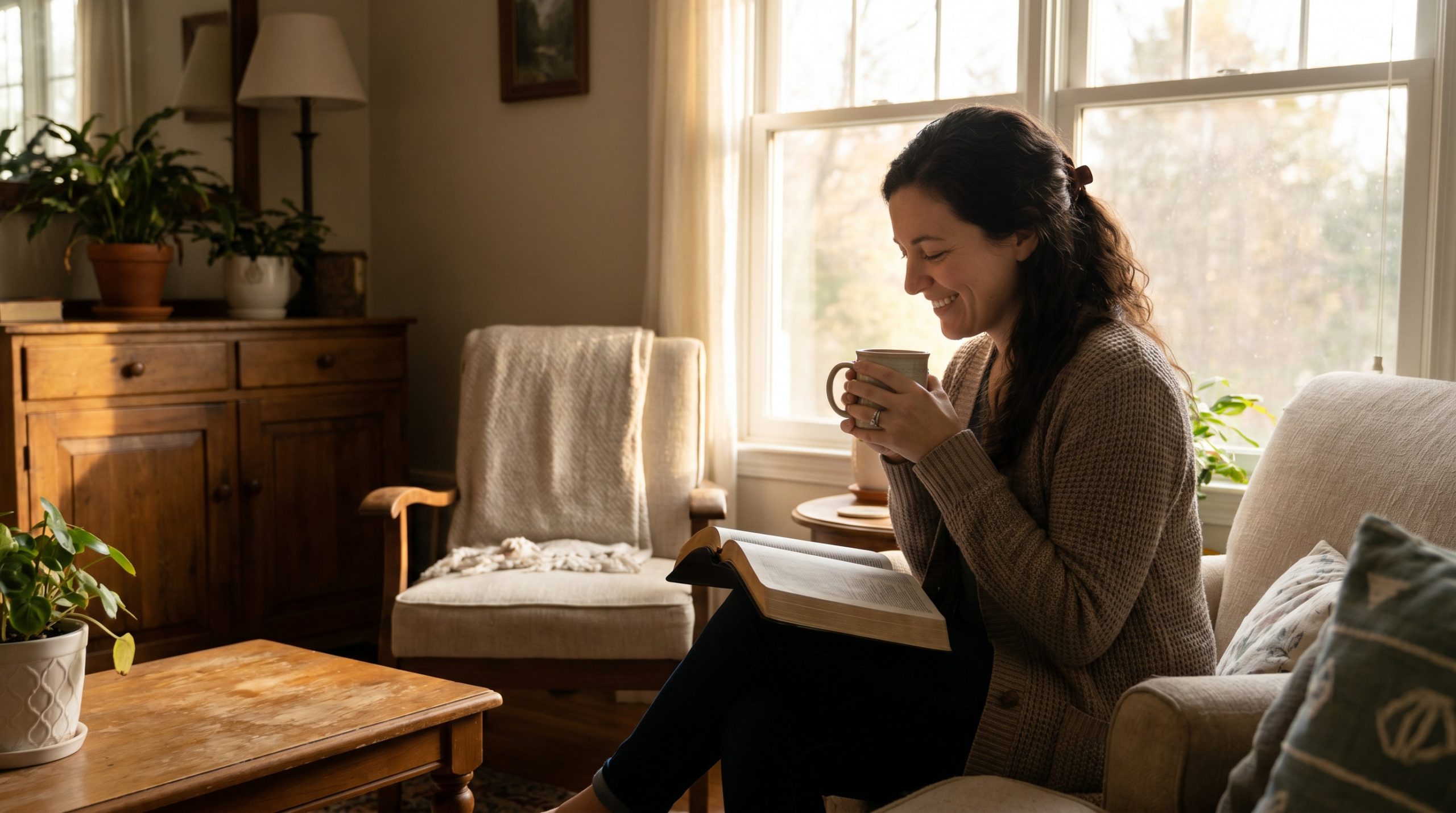 A woman sitting peacefully in a simple home setting, reflecting with contentment and gratitude.