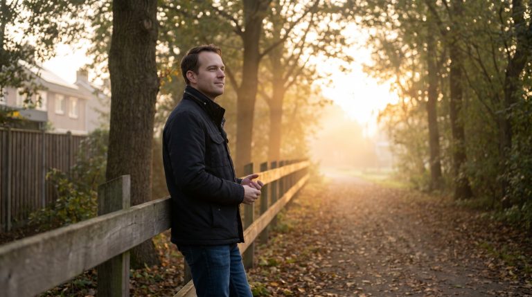 A thoughtful man standing outside near a quiet road or path, learning to release control and trust God with the future.