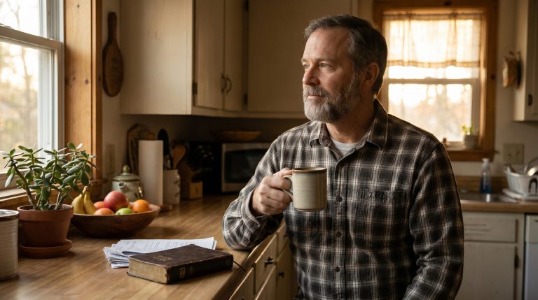 A man preparing for the day near a bright kitchen window, reflecting quietly with a peaceful Christian life atmosphere.