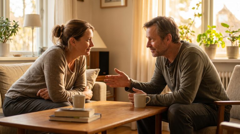 Two people sitting together in a sincere conversation, showing patience and grace in a difficult relationship.