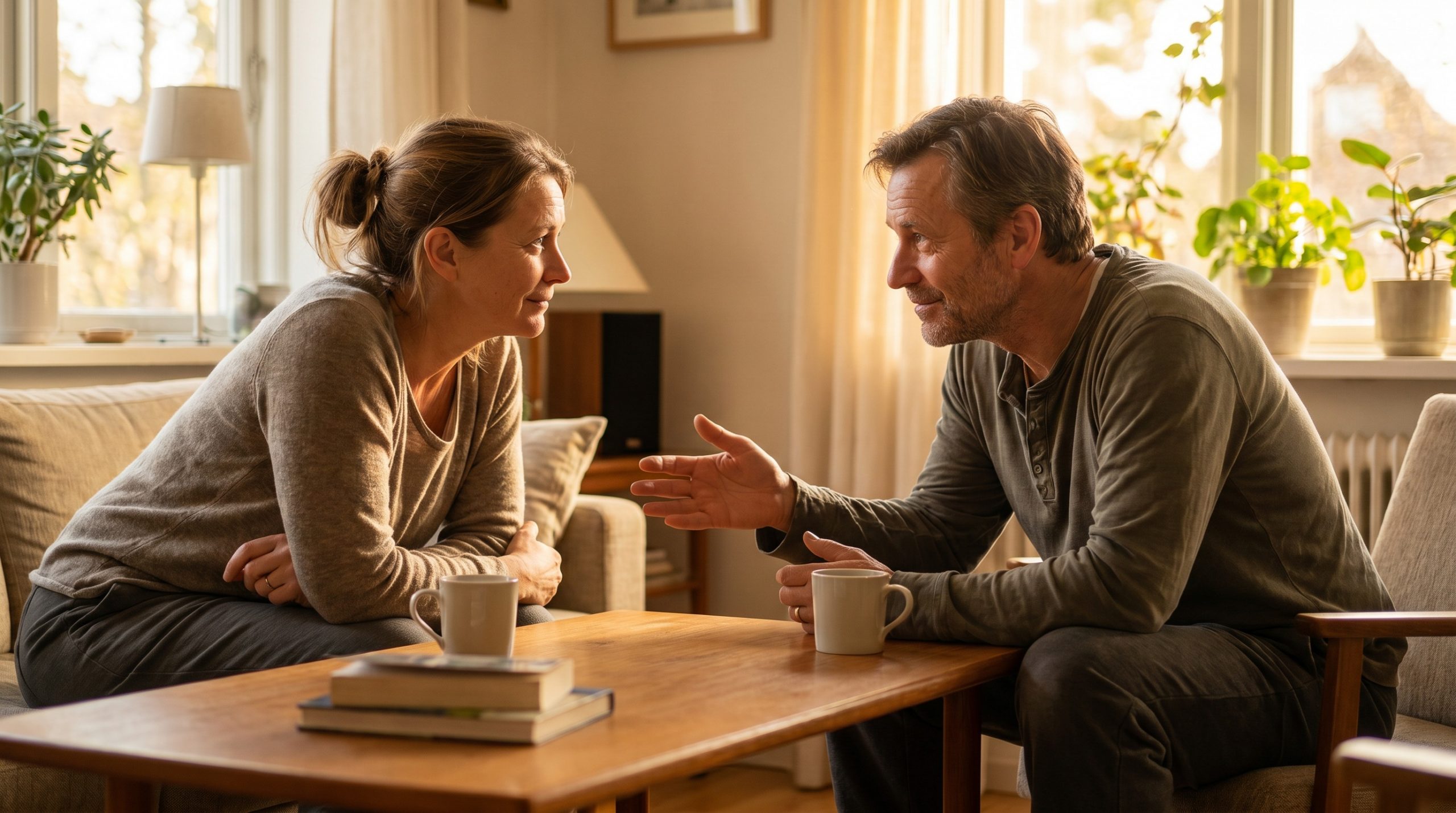 Two people sitting together in a sincere conversation, showing patience and grace in a difficult relationship.