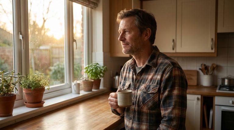 A tired but hopeful man standing by a kitchen window in the early morning, receiving the day with quiet reflection.