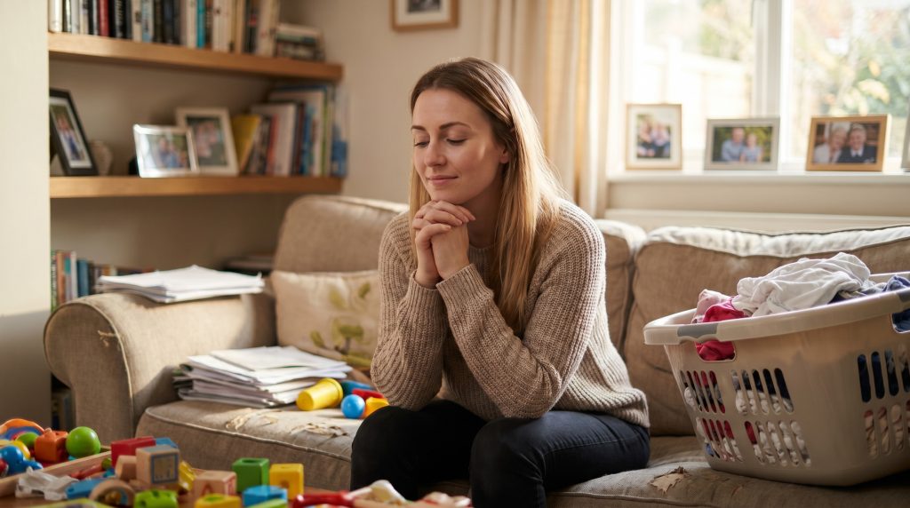 A young mother or adult sitting calmly in a busy home moment, praying for patience while life feels frustrating.