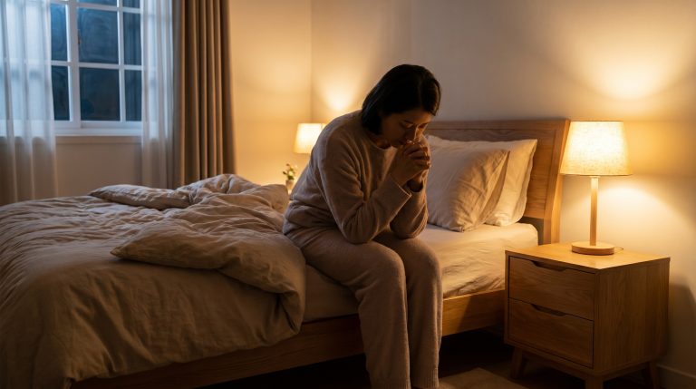 A peaceful bedroom at night with a person sitting quietly in prayer before sleep.
