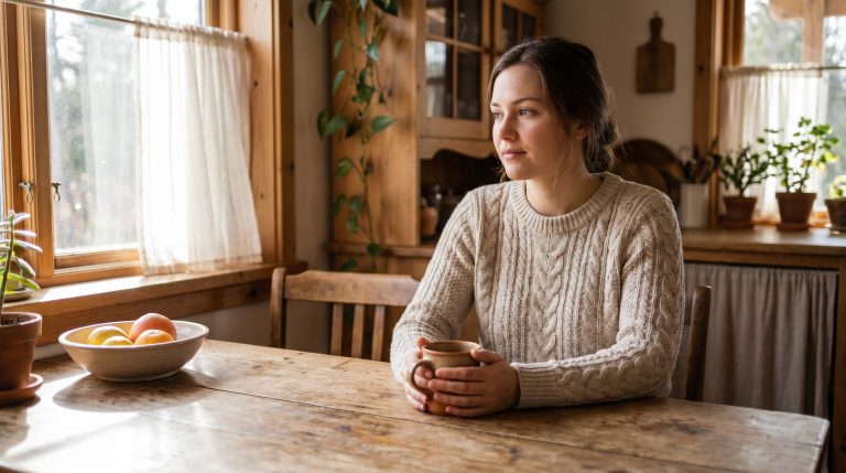 A young woman sitting quietly at a kitchen table in morning light, taking a calm breath in the middle of anxious thoughts.