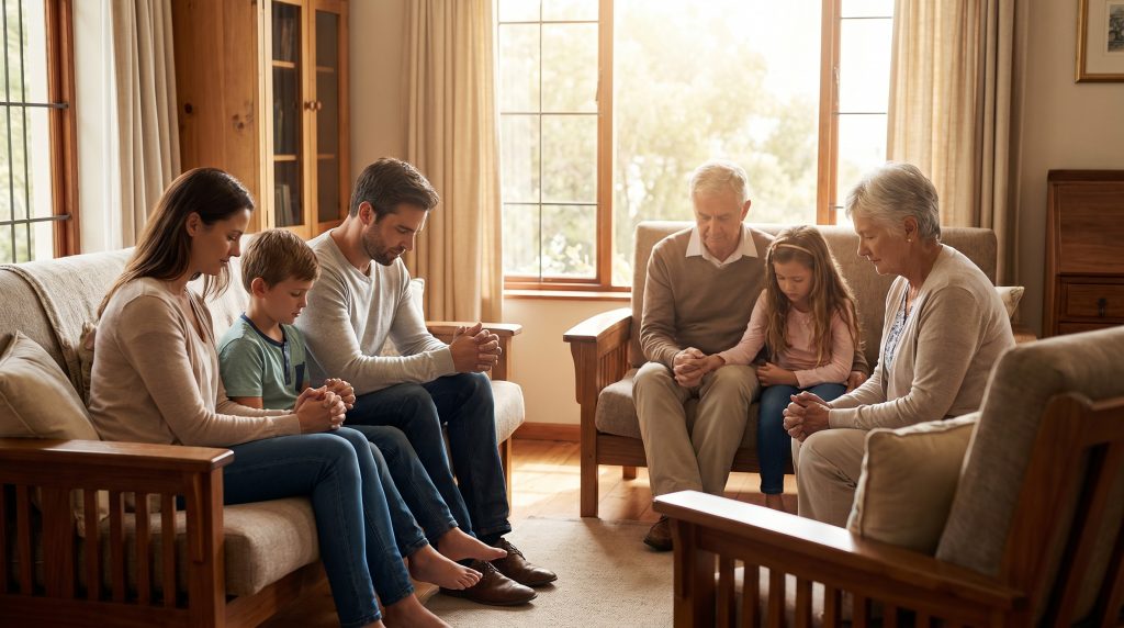 A family gathered in a warm home setting with a peaceful prayerful atmosphere.