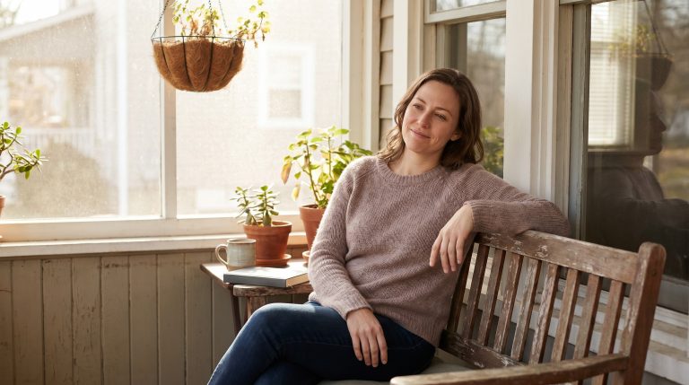 A woman resting quietly on a porch or by a window, pausing from a busy day to breathe and be still.