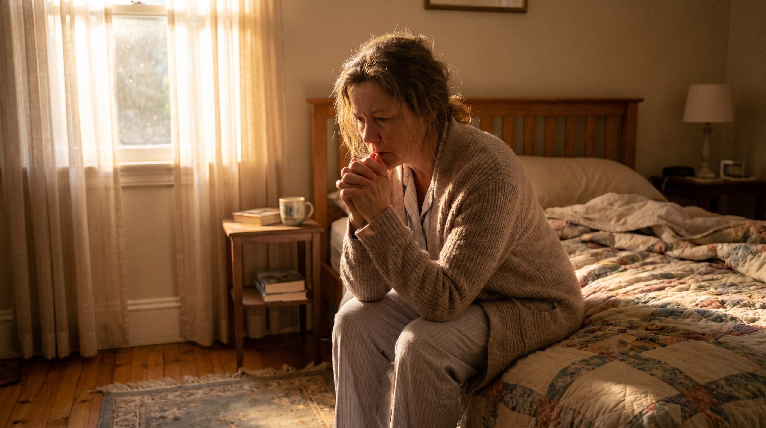 A middle-aged woman sitting on the edge of her bed in the morning, praying for strength before a difficult day.