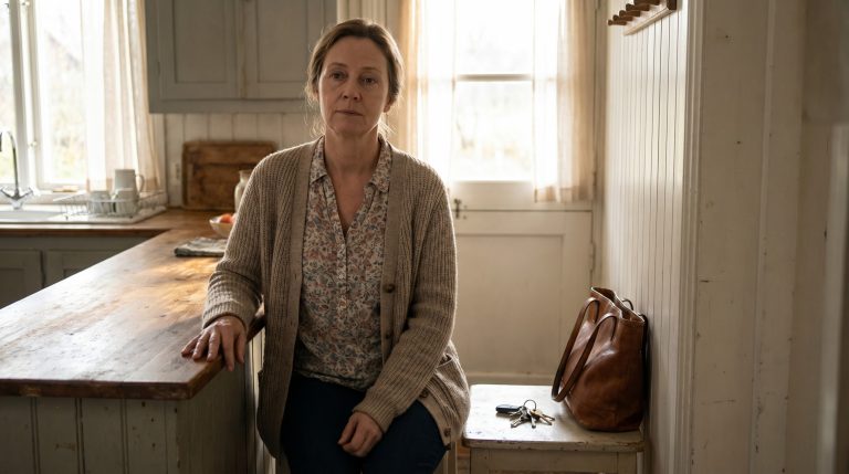 A middle-aged woman getting ready for the day in a quiet home setting, carrying ordinary responsibilities with grace.