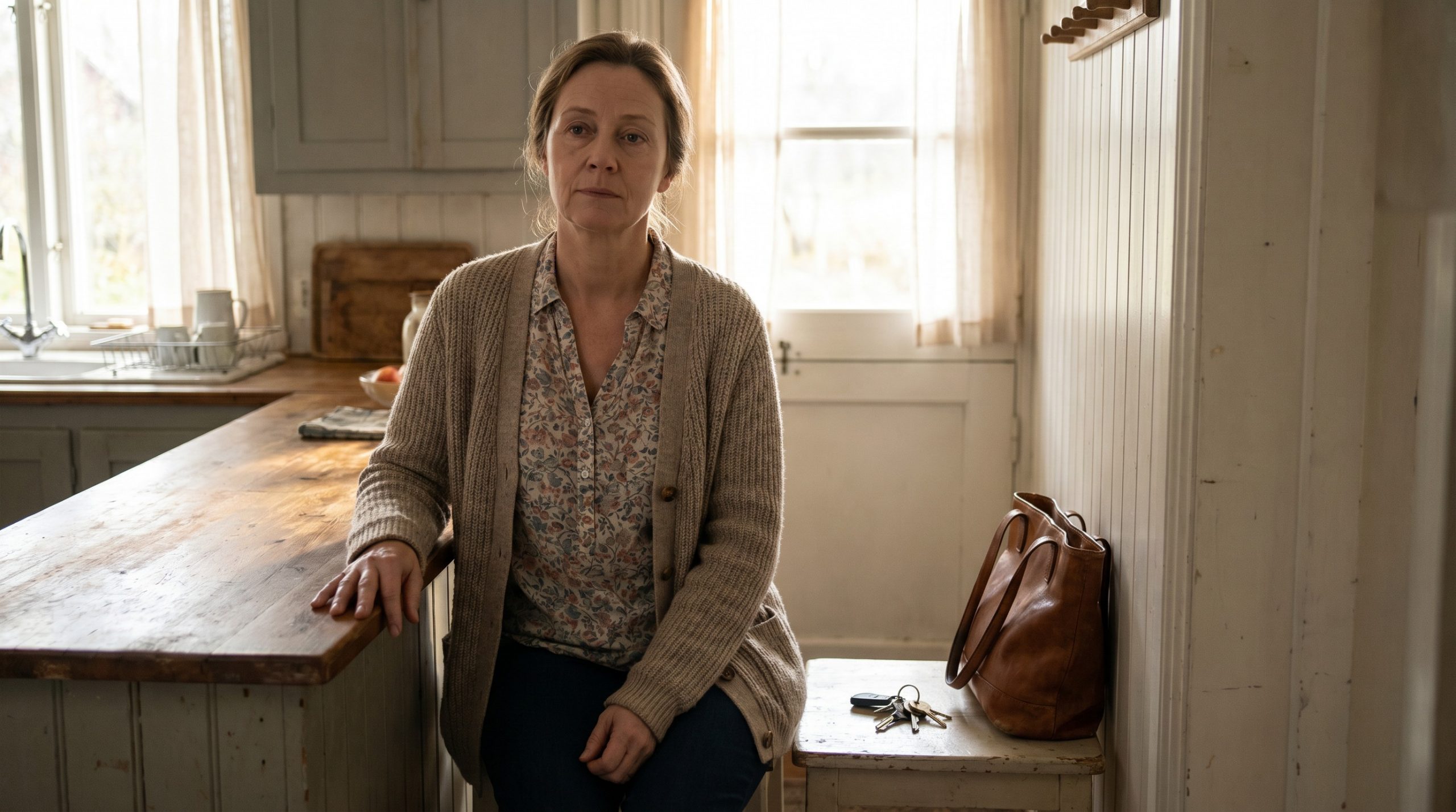 A middle-aged woman getting ready for the day in a quiet home setting, carrying ordinary responsibilities with grace.