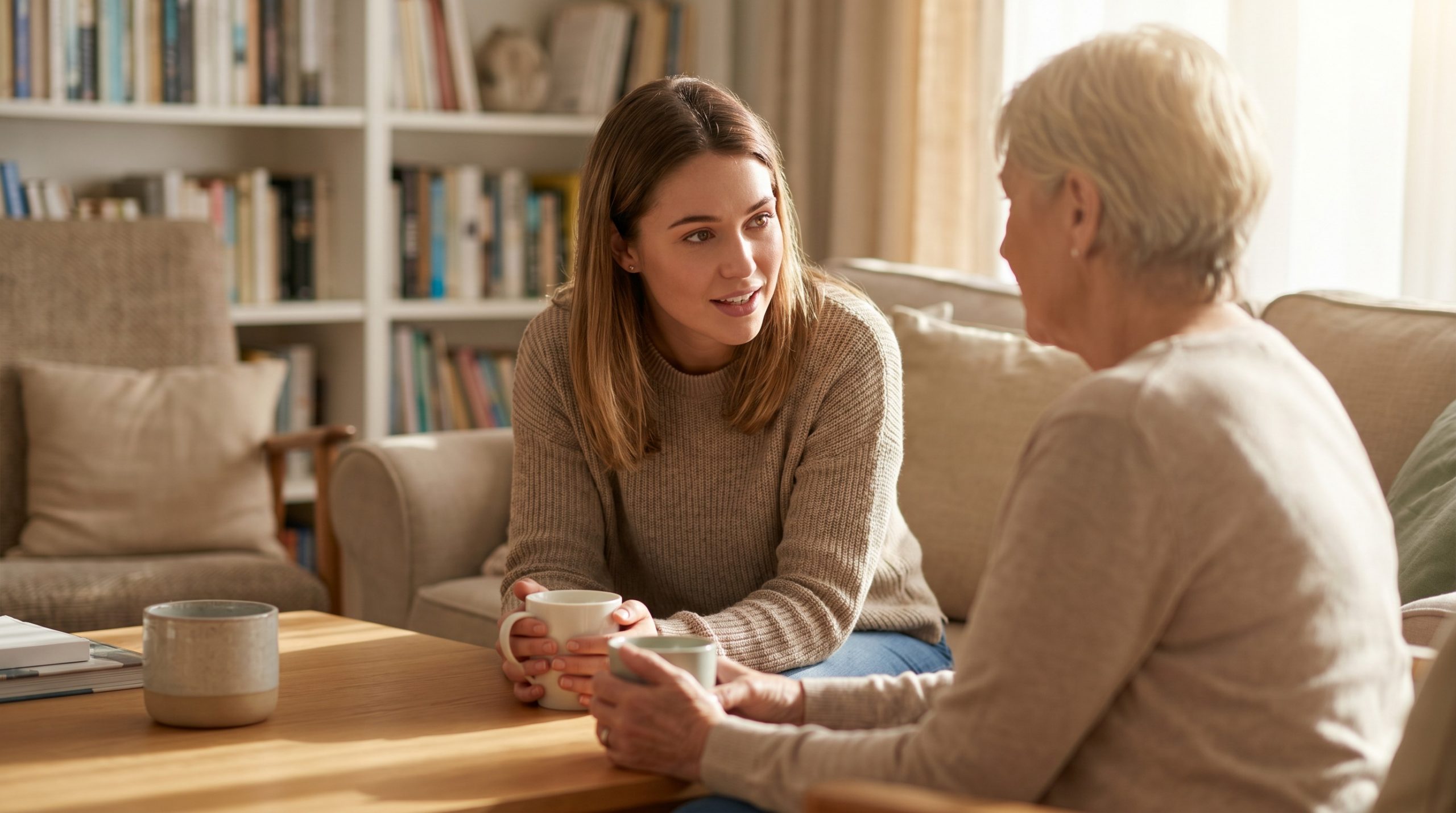 A young woman speaking gently with encouragement in a natural everyday conversation.
