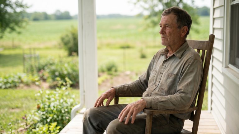 An older man waiting quietly on a porch in soft daylight, reflecting with patience and trust.
