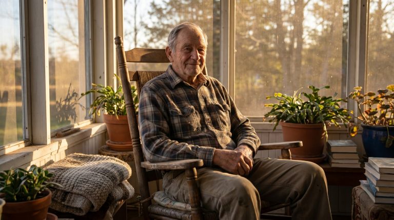 An older man sitting quietly with a humble expression in warm natural light.