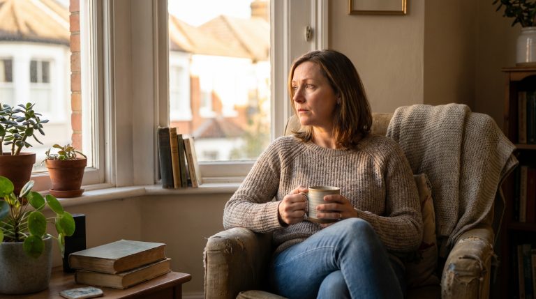A woman sitting quietly near a window with soft light, looking burdened but comforted.