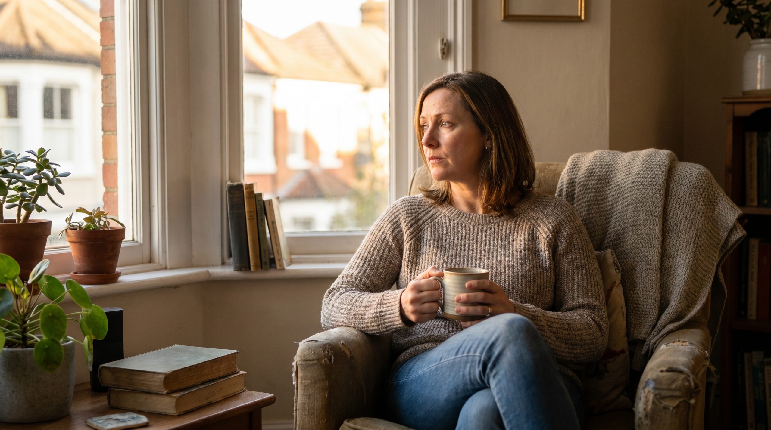 A woman sitting quietly near a window with soft light, looking burdened but comforted.