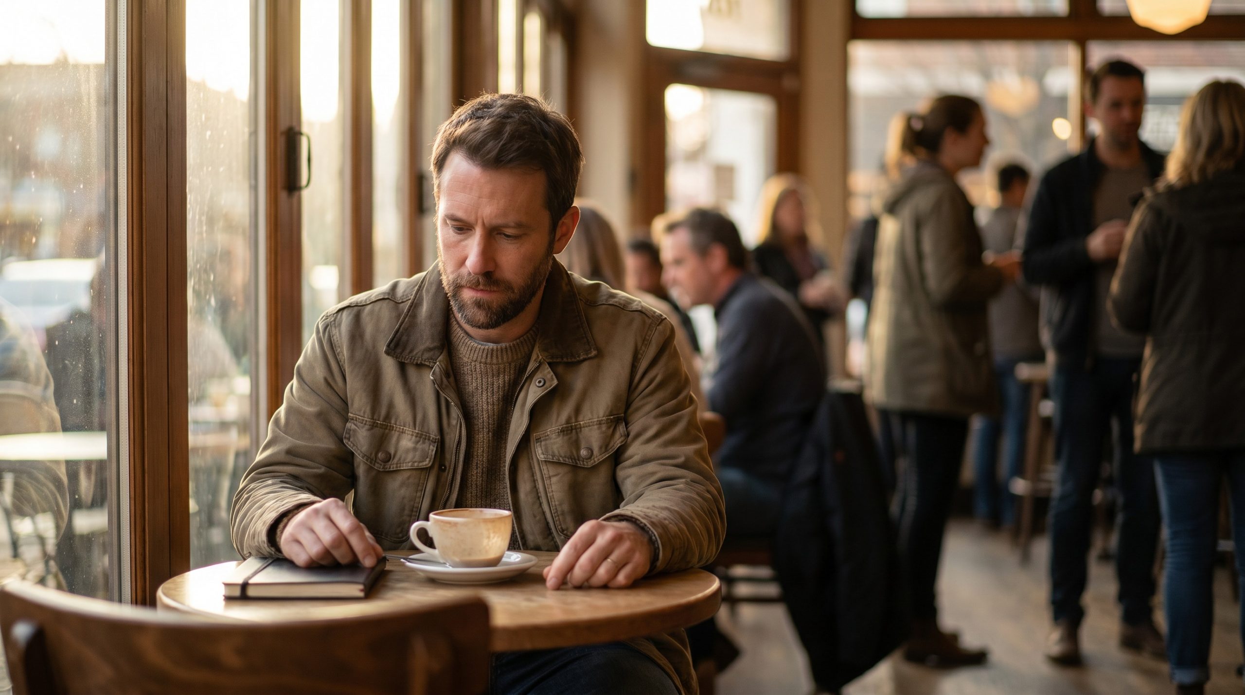 A man sitting alone in a café while people talk softly in the background, reflecting after disappointment.