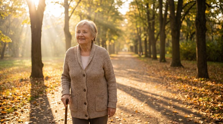 An older woman walking slowly down a quiet path in warm morning light with hope and perseverance.