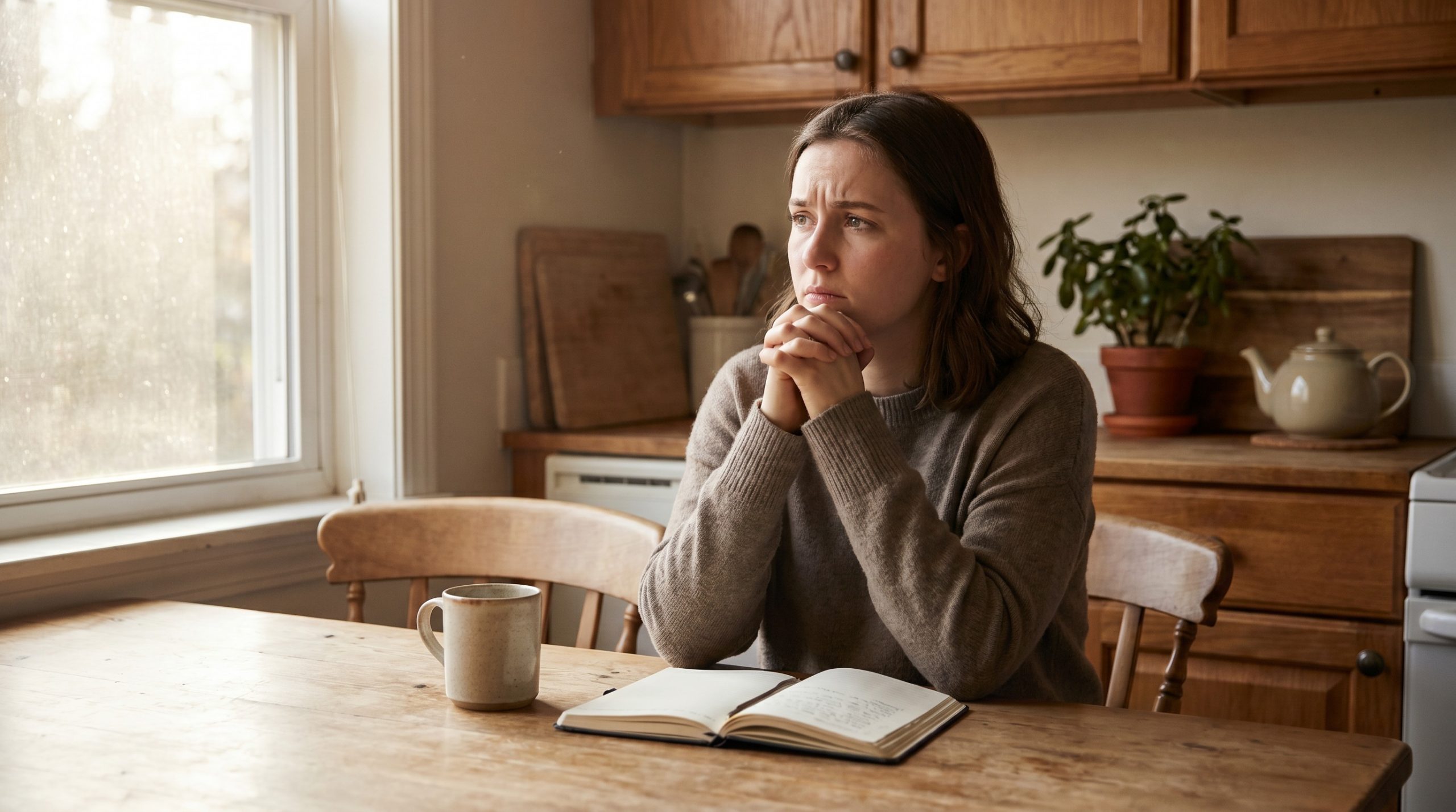 A young woman sitting quietly at a kitchen table in soft morning light, praying through anxiety with hope.