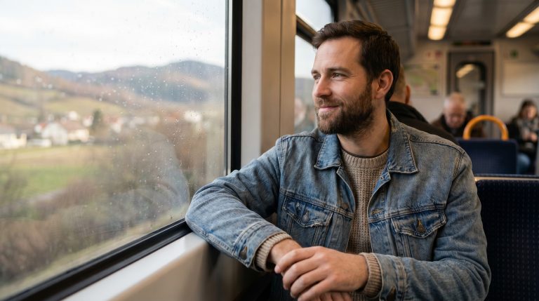 A man looking thoughtfully out a train or bus window, reflecting on God’s timing and life’s pace.
