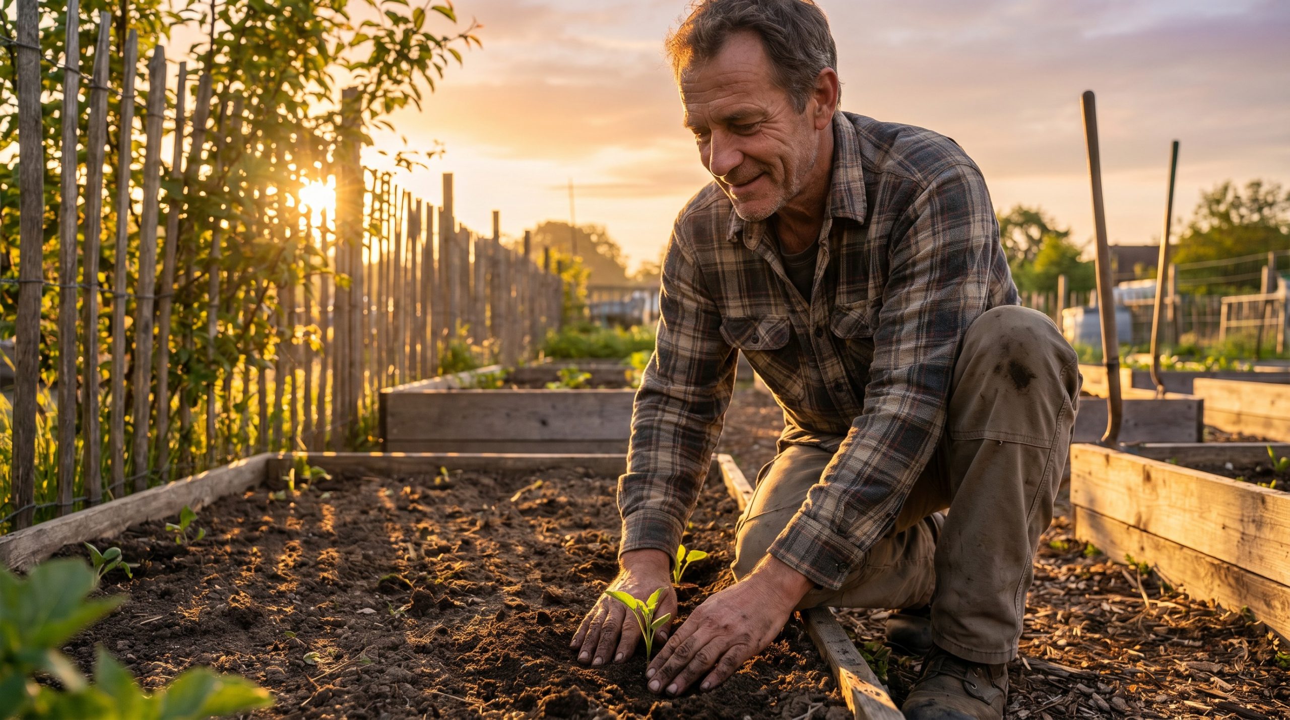 A tired but hopeful man standing in a small garden at sunrise, continuing to work with quiet perseverance