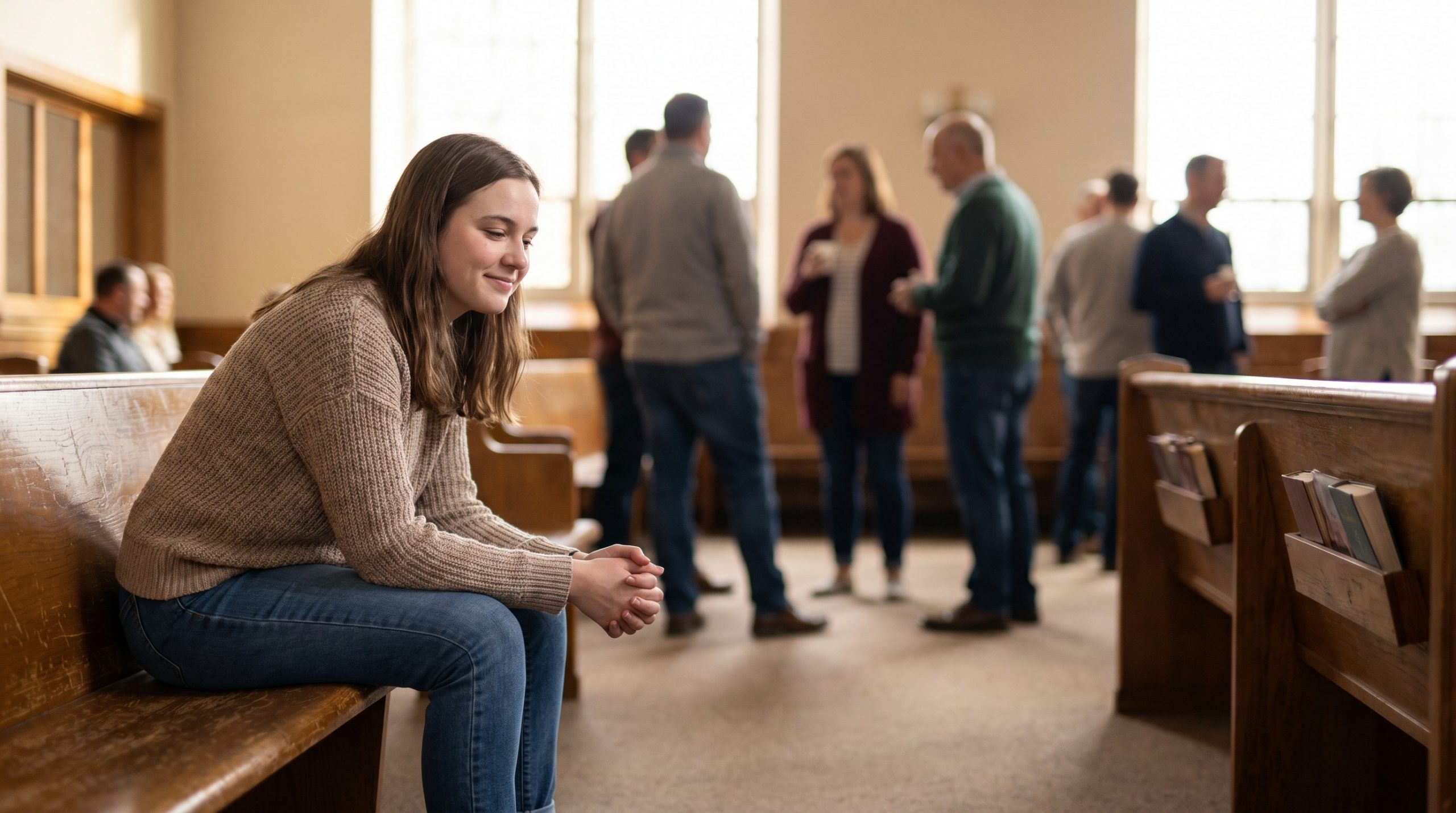 A young woman sitting thoughtfully at the edge of a busy room, feeling overlooked but quietly hopeful.